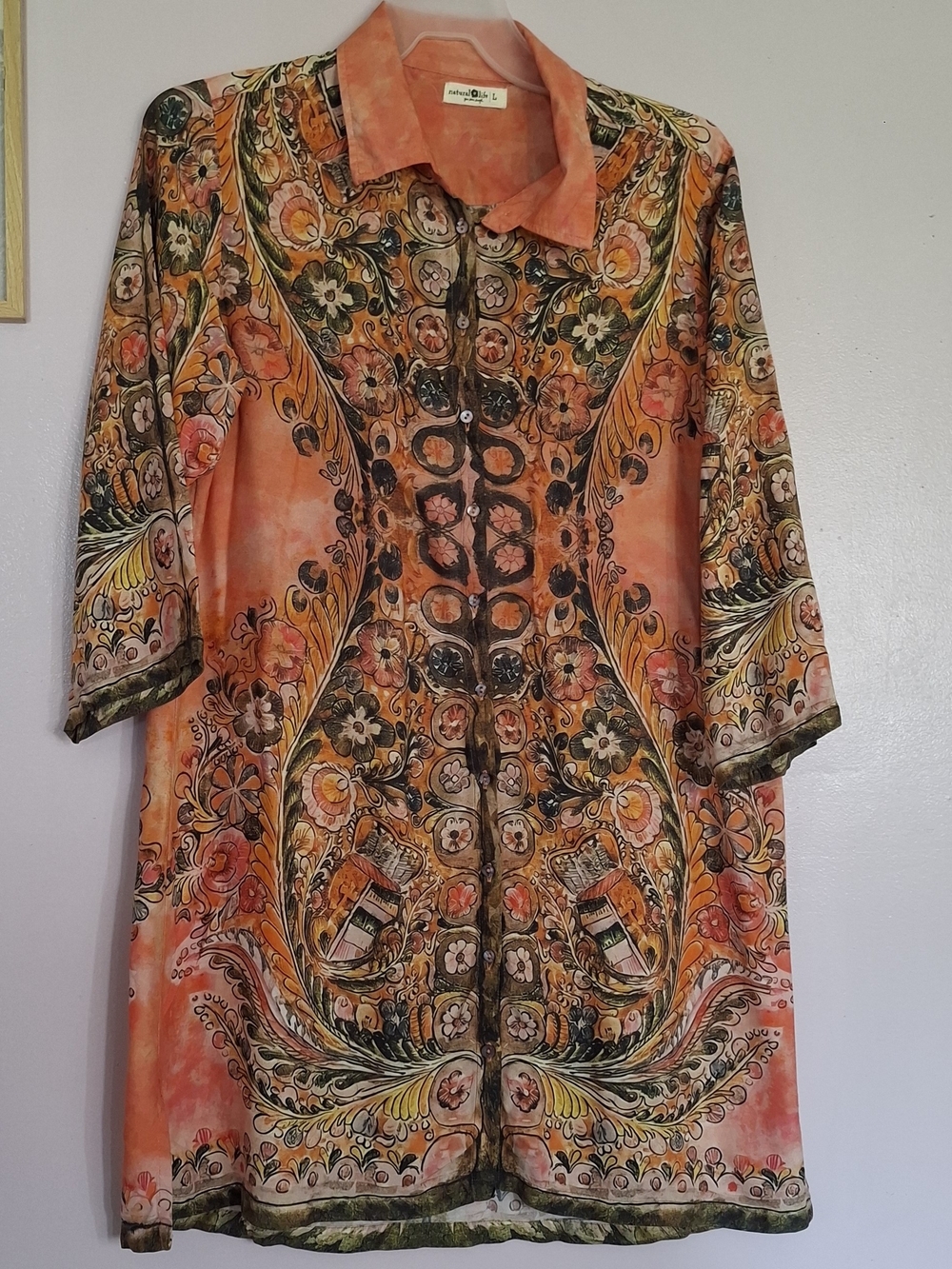 NATURAL LIFE Orange Floral Paisley Button-Front Tunic